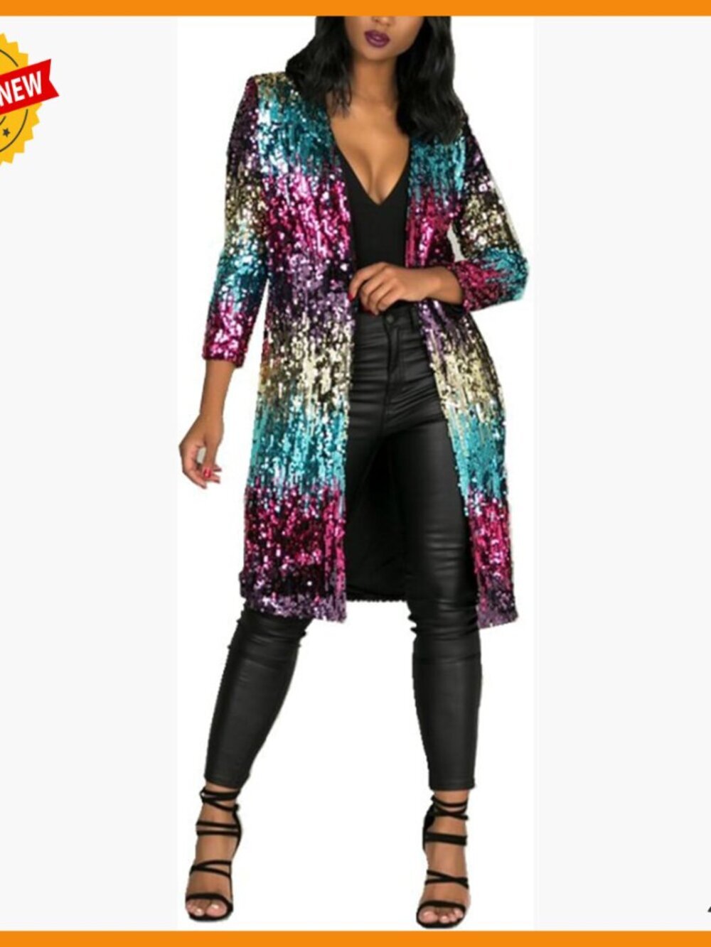 Large Slim Fit Sequined Cardigan Open Front Long Sleeve Glitter Blazer